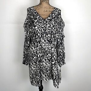 DKNY Midi Dress Size 14 Ruffle Long Sleeve Cold Shoulder V-Neck Beige & Black